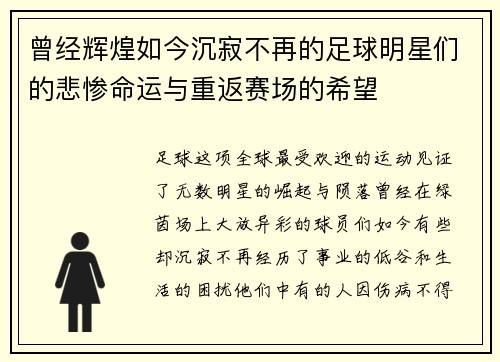 曾经辉煌如今沉寂不再的足球明星们的悲惨命运与重返赛场的希望